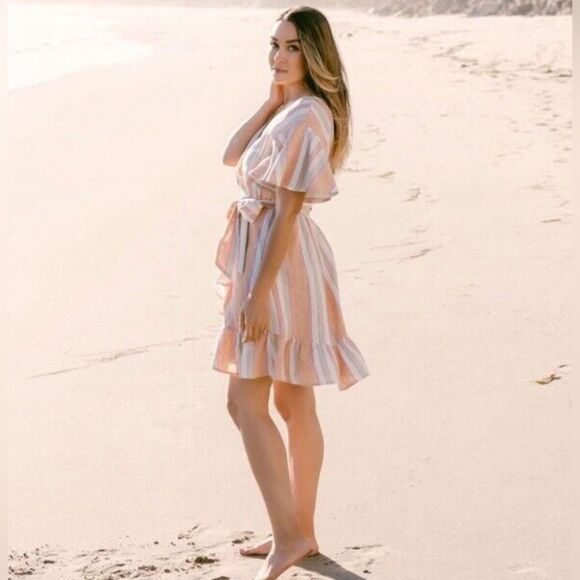 Lauren Conrad blush orange and tan linen ruffle faux wrap dress size medium NWT - Picture 2 of 10